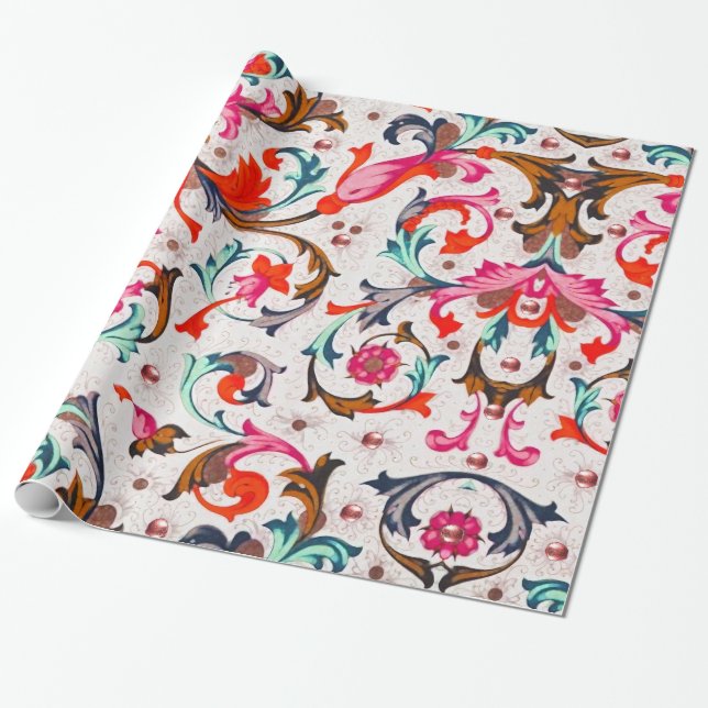 PAPIER CADEAU TOURNURES FLEURALES ROUGES DE LA RENAISSANCE FLORE (Déroulé)