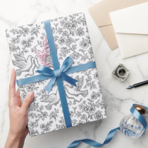Papier Cadeau Tourterelles de mariage argentées avec rubans et f