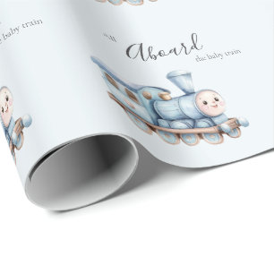 Papier Cadeau Tous à bord du Train Bébé Garçon Baby Shower Bleu