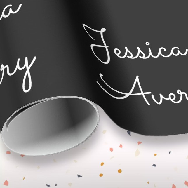 Papier Cadeau Tout nom | Script blanc modifiable Cool sur noir (Créateur téléchargé)