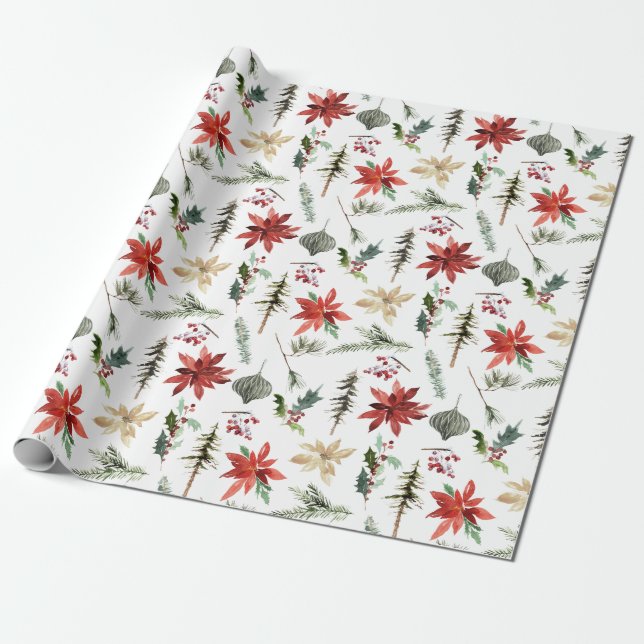 Papier Cadeau Tout Poinsettias Holly & Pine (Déroulé)