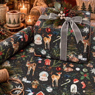 Papier Cadeau Tout Renne de Noël Holly Stars Noir