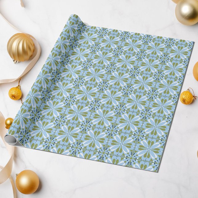 Papier Cadeau Toutes les occasions Scandinave Bleu Olive Vert Fl (Créateur téléchargé)
