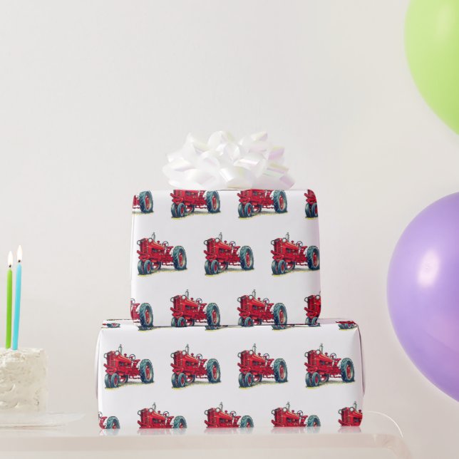 Papier Cadeau Tracteur de ferme rouge rétro en blanc (Cadeaux de fête)