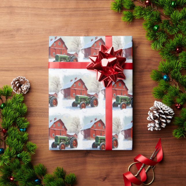 Papier Cadeau Tracteur de ferme vert de Noël et grange rouge (Cadeau de vacances)