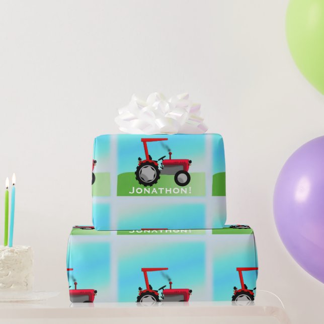 Papier Cadeau Tracteur rouge classique "Joyeux anniversaire, nom (Cadeaux de fête)