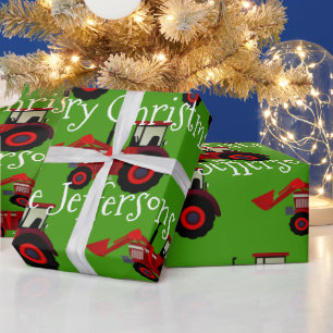 Papier Cadeau Tracteurs Red Farm sur Green Christmas