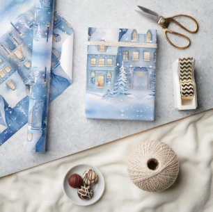 Papier Cadeau Traditionnel Russe d'hiver Ville Bleu Noël