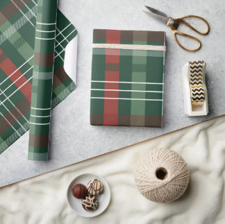 Papier Cadeau Traditionnel Vert Rouge Tartan Plaid de Noël