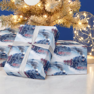Papier Cadeau Train à vapeur de Noël Paysage hivernal enneigé Bl