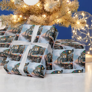 Papier Cadeau Train de Noël vintage avec ours polaire qui agite