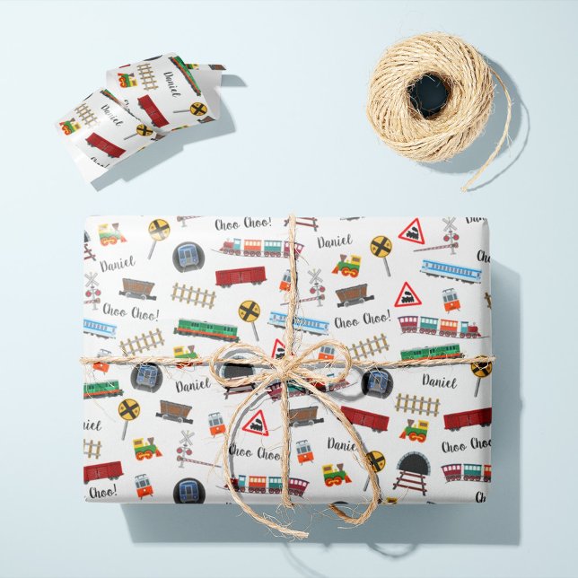 Papier Cadeau Train Motif Petit Garçon Prénom Choo Choo Enfants (Créateur téléchargé)