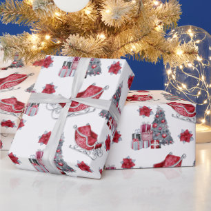 Papier Cadeau Traîneau rouge aquarelle, arbre de Noël, paquets