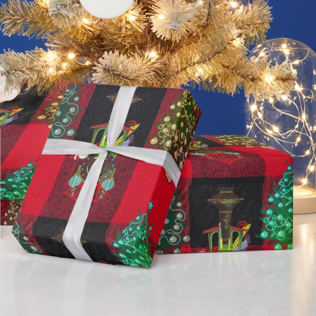Papier Cadeau Trains et arbres de Noël sur plaid Black Red (Vacances)