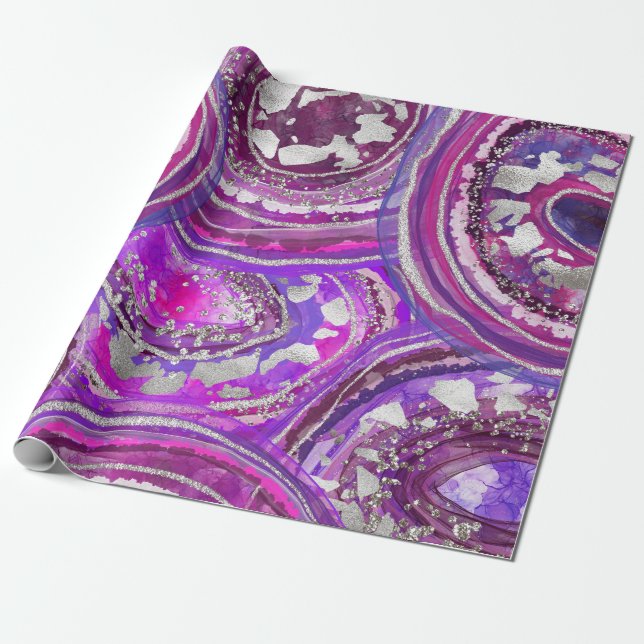 Papier Cadeau Tranches d'agate violette et argent à l'aquarelle  (Déroulé)