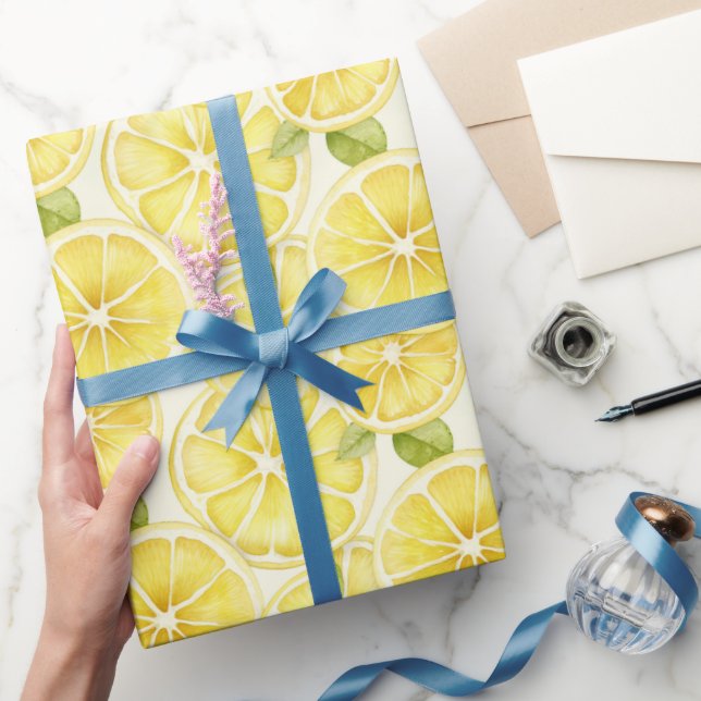 Papier Cadeau Tranches de citron jaune aquarelle (Cadeaux)