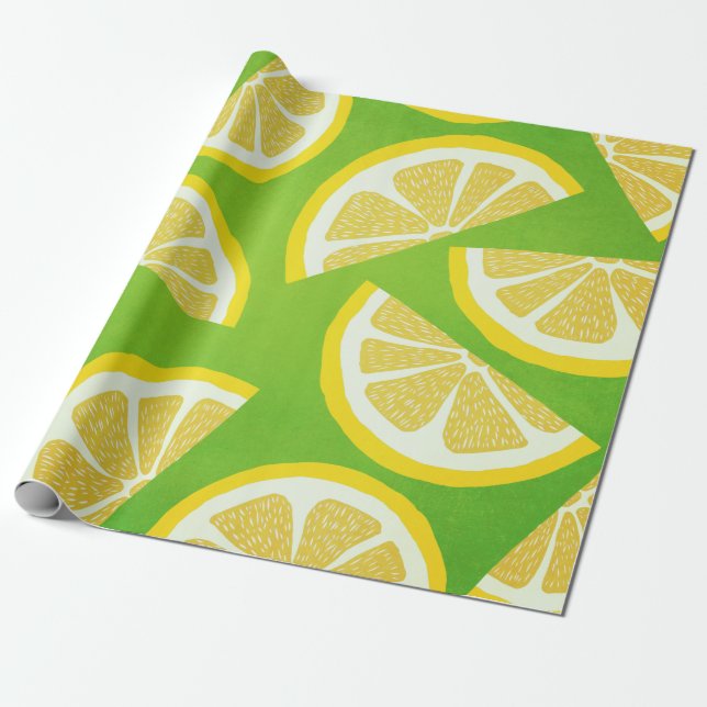 Papier Cadeau Tranches de citron sur Arrière - plan vert citron (Déroulé)
