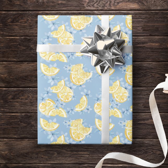 Papier Cadeau Tranches de citrons et fleurs à l'aquarelle bleue (Stunning Watercolor Lemon Slices and Blue Floral Flower Wrapping Paper)