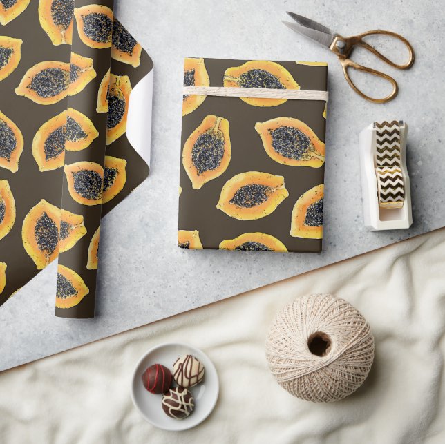 Papier Cadeau Tranches de papaye sur fond brun foncé (Artisanat)