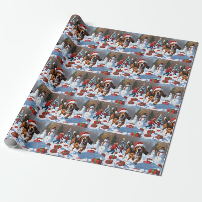 Papier Cadeau Treeing Walker Coonhound neige avec chapeau de Noë (Déroulé)