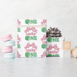 Papier Cadeau Trèfle à Ruban Rose Fille Chanceuse 1er Anniversai