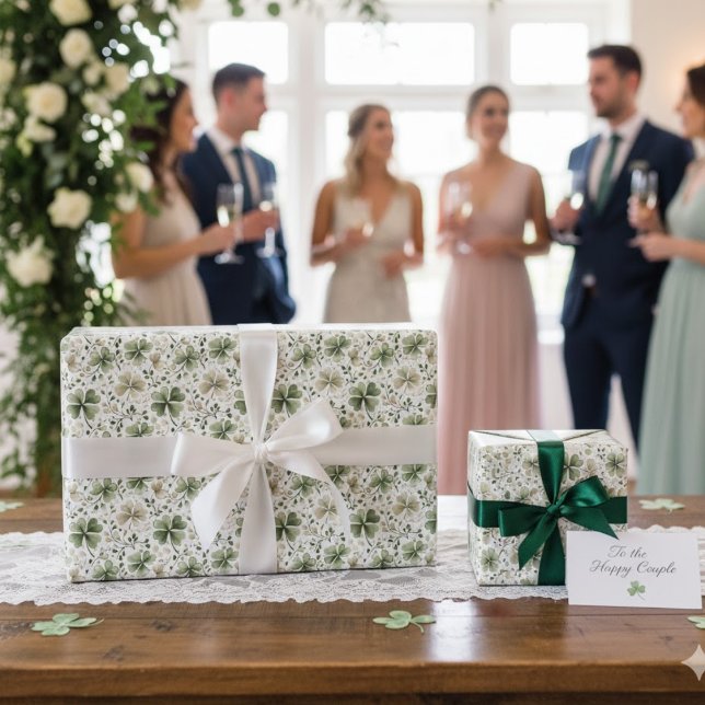Papier Cadeau Trèfles de Shamrock en fleurs à l'aquarelle vert a (Créateur téléchargé)