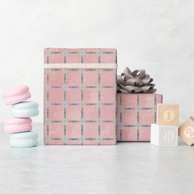 Papier Cadeau treillis rose et gris argenté (Baby Shower)