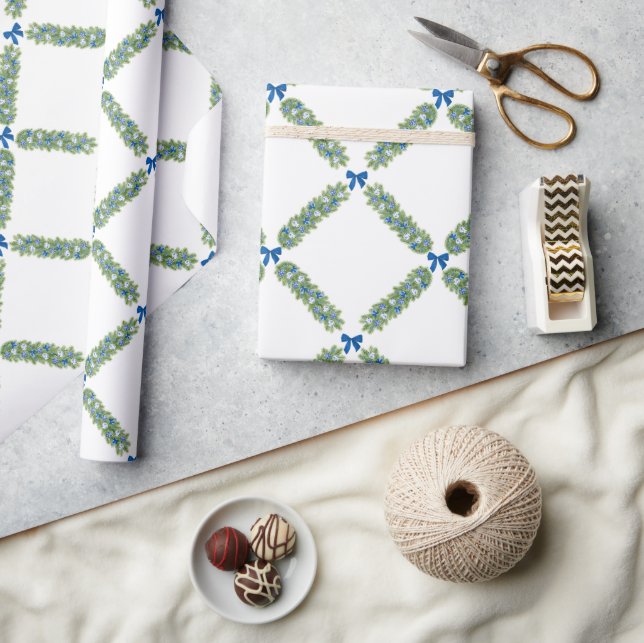 Papier Cadeau Trellis de Noël Ruban Bleu  (Artisanat)