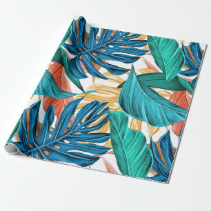 Papier Cadeau Trendy Orange Jaune Vert Tropical Jungle Feuilles