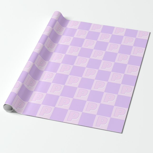 Papier Cadeau Trendy Purple Monogram Initial Checkerboard (Déroulé)