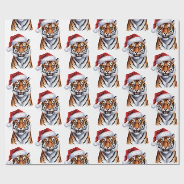 Papier Cadeau Trendy Tiger with Santa Hat Christmas Green        (Plat)