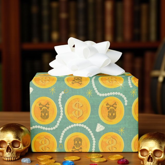 Papier Cadeau Trésor de pièce de pirate d'or (Gold pirate coin gift wrap with pearls and gems, perfect for kids’ pirate parties and treasure hunts)