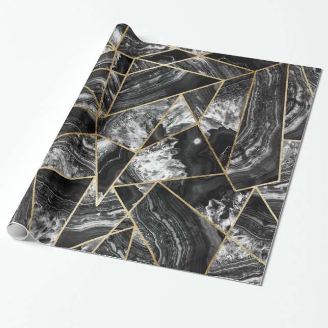 Papier Cadeau Triangles géométriques d'agate d'or blanc noir de (Déroulé)