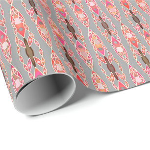 Papier Cadeau Tribal Batik - Coral rose et gris argent