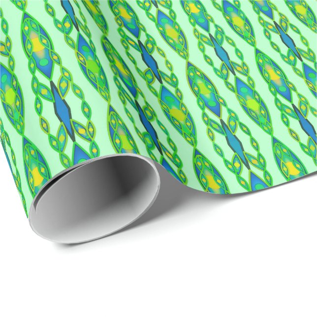 Papier Cadeau Tribal Batik - Mint, Emerald Green et Blue (Coin rond)
