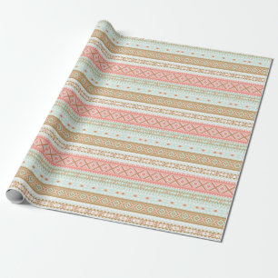 Papier cadeau tribal corail menthe Aztèque
