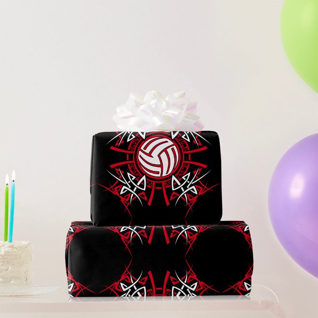 Papier Cadeau Tribal de volleyball Mandala Sports rouges et noir (Créateur téléchargé)