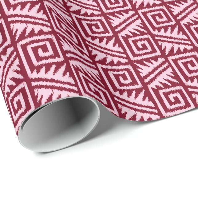 Papier Cadeau Tribal d'Ikat Aztec - Bourgogne et rose (Coin rond)