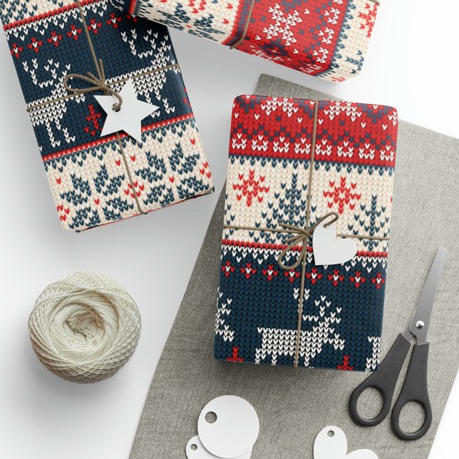 Papier Cadeau Tricot Motif Noël Reindeer Nordic (Faux Knitting Pattern Christmas Wrapping Paper)