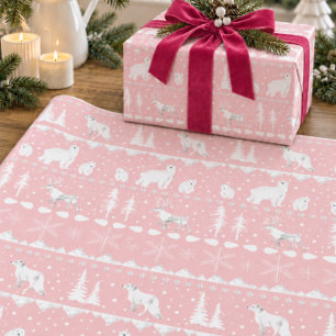 Papier Cadeau Tricot Nordique Blanc Animaux d'Hiver Joli Rose