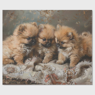 Papier Cadeau Trio Chiot Poméranien Découpage Vintage