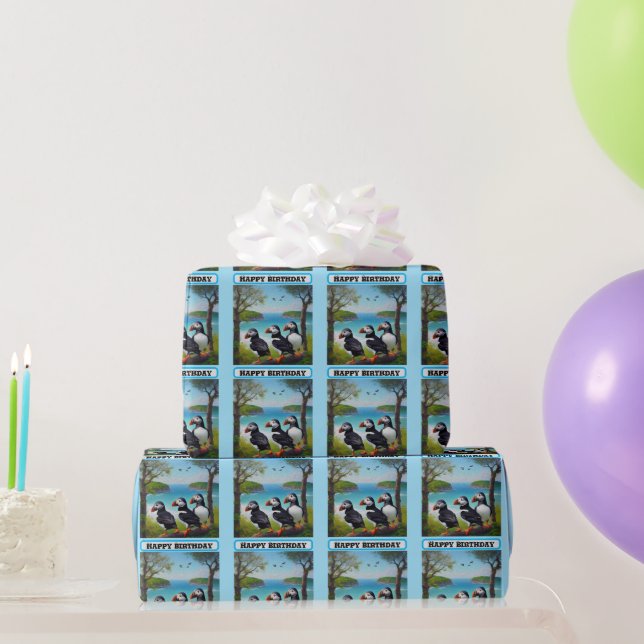 Papier Cadeau Trio côtier : Trois Puffins à la plage d'Oils (Cadeaux de fête)