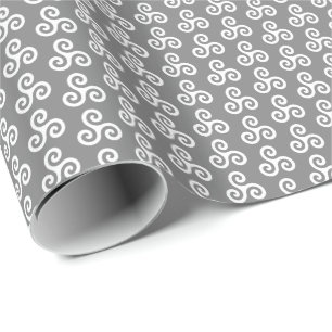 Papier Cadeau Triple spirale celtique blanche Triskele sur gris 