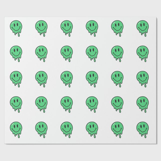 Papier Cadeau Trippy Dripping Green Melting Smiley Face Esthétiq (Plat)