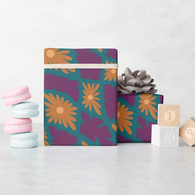 Papier Cadeau Trippy super 60s Flower Checks Orange Rose (Baby Shower)