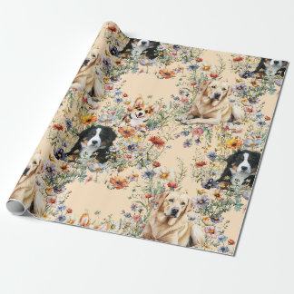 Papier Cadeau Trois chiens dans des fleurs sauvages sans couture