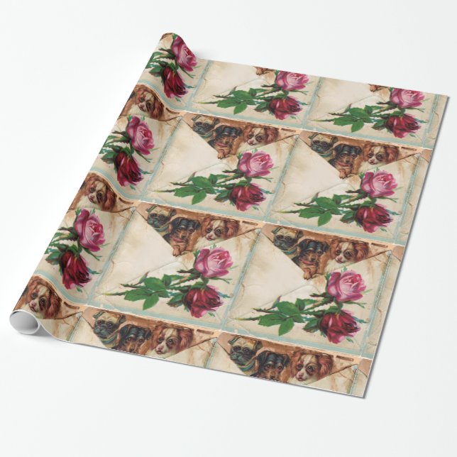 PAPIER CADEAU TROIS DOGGIES ET ROSES (Déroulé)