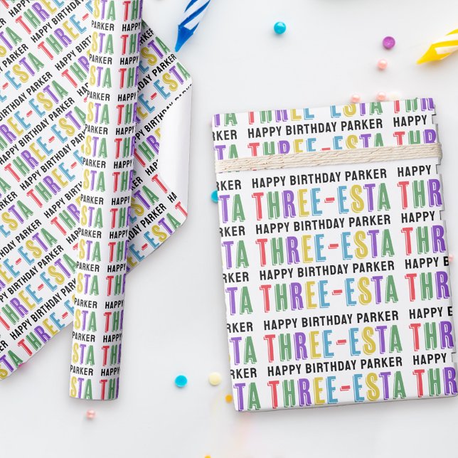 Papier Cadeau Trois esta Fiesta Colorful 3e anniversaire (Get this 3rd birthday party started with Three-Esta gift wrap, personalized for your 3 year old!)