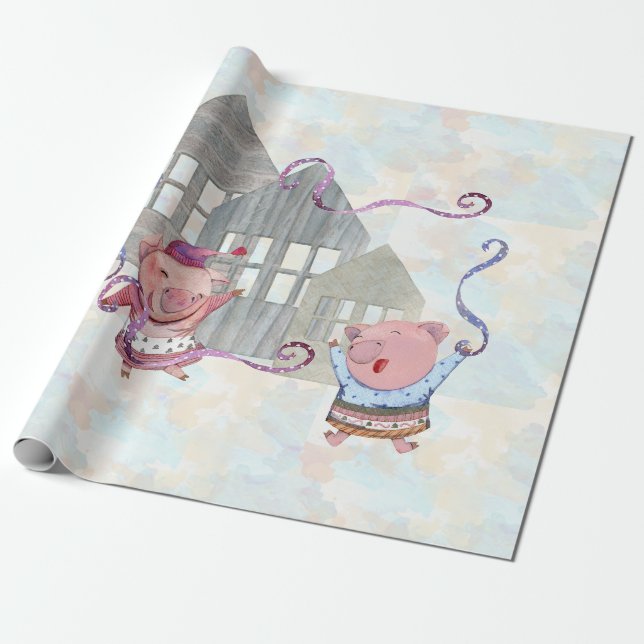 Papier Cadeau Trois petits cochons avec leurs maisons (Déroulé)