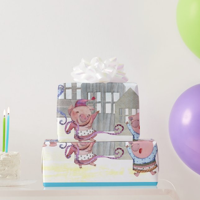 Papier Cadeau Trois petits cochons avec leurs maisons (Cadeaux de fête)